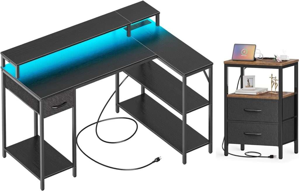 SUPERJARE L Shaped Gaming Desk with LED Lights